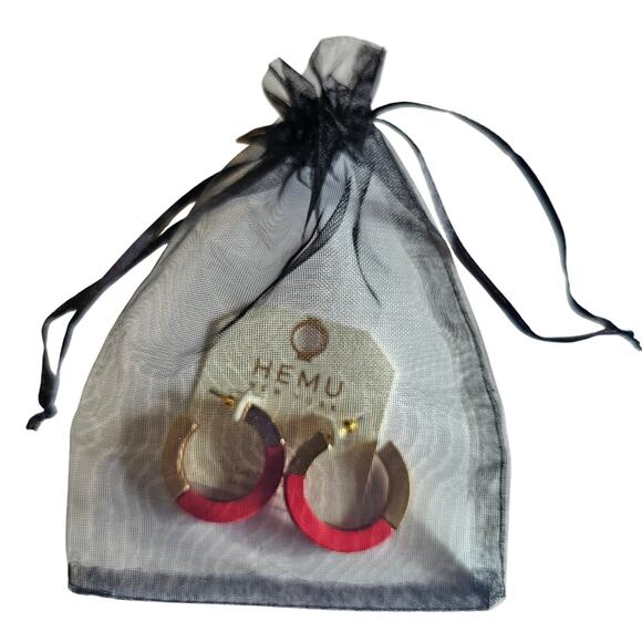 Hoop Earrings Pink, Gold Tone Chunky Acrylic 1.19" HEMU New York w/ Gift Bag - Picture 7 of 8